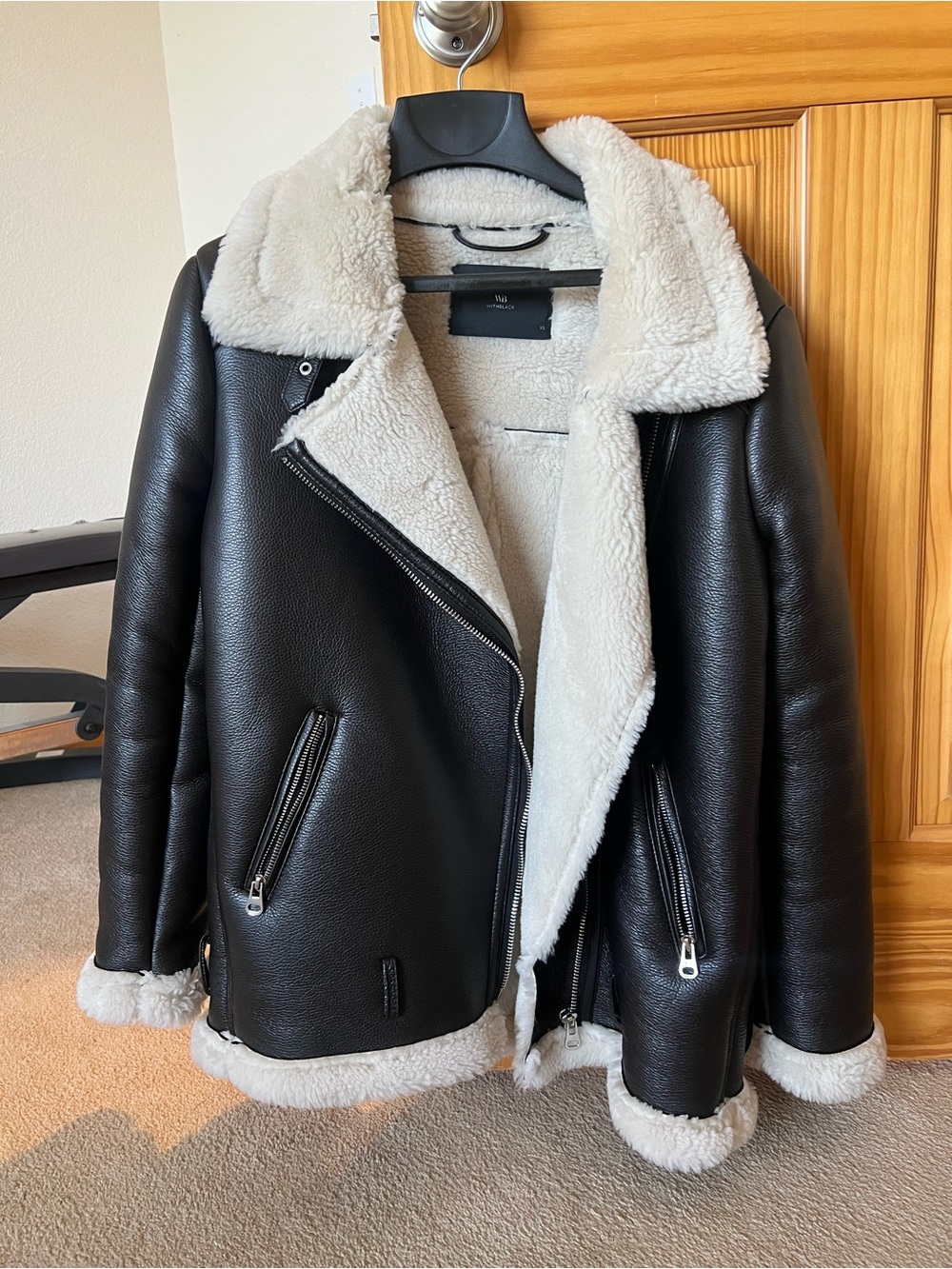 Black Faux Leather Shearling Jacket by Black - Cream Lining